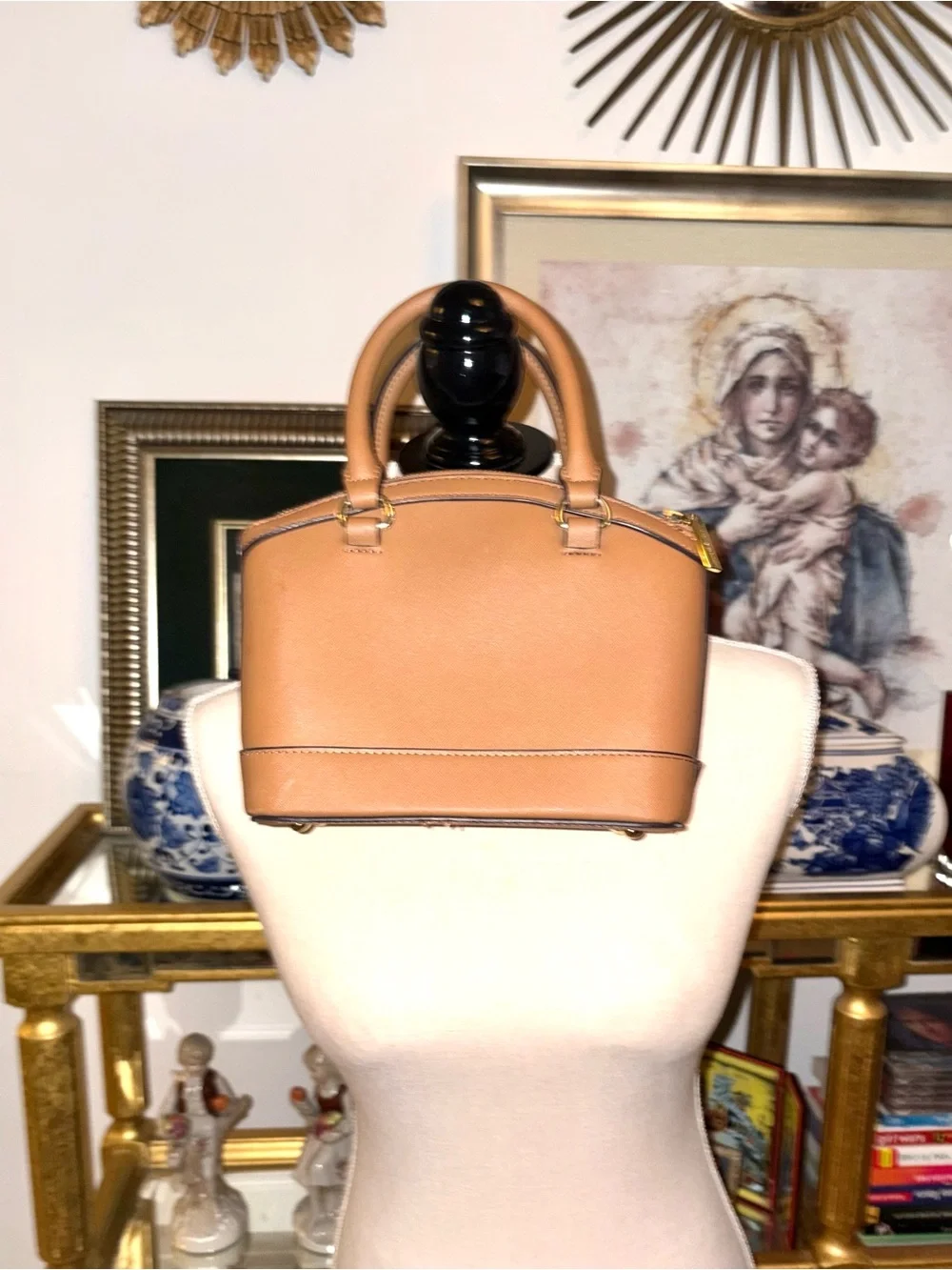 Anne Klein Tan Dome Satchel with Gold Hardware
